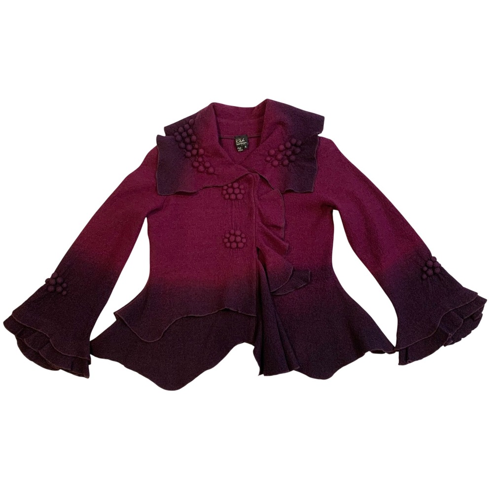 CoVelo Clothing Inc Ombre Boiled Wool Ruffle Jacket Purple Magenta Bobble Small